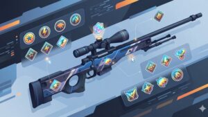 Современная иллюстрация винтовки AWP с яркими наклейками для руководства по выбору скинов 2026 года