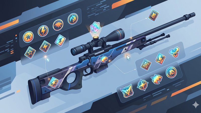 Современная иллюстрация винтовки AWP с яркими наклейками для руководства по выбору скинов 2026 года